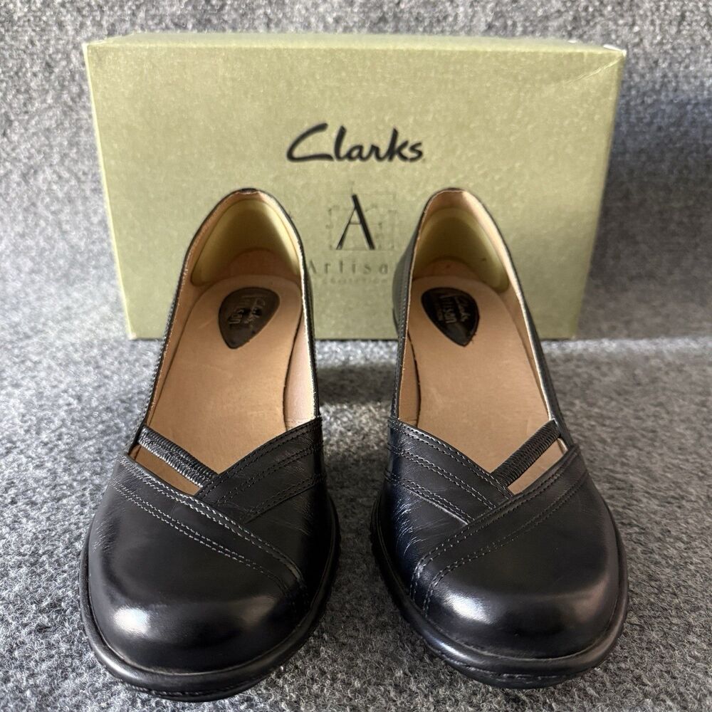 Clarks Artisan Metti Black Leather Wedge Pumps Comfort Dress Slip On Size 9